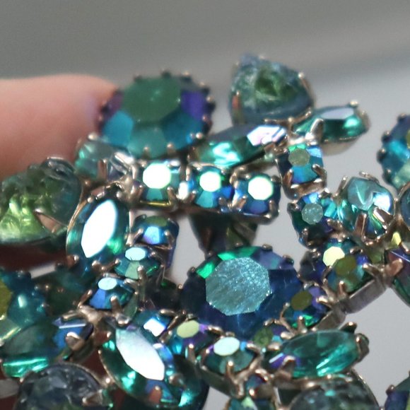 Juliana Lava Rhinestone Brooch Earrings Peacock Blue Givre - Picture 7 of 9